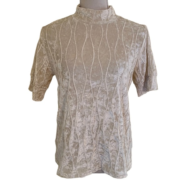THML Cream Velvet Textured Short Sleeve Mock Neck Top L - Picture 4 of 10